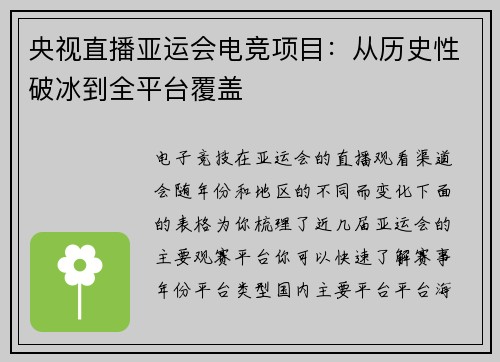 央视直播亚运会电竞项目：从历史性破冰到全平台覆盖
